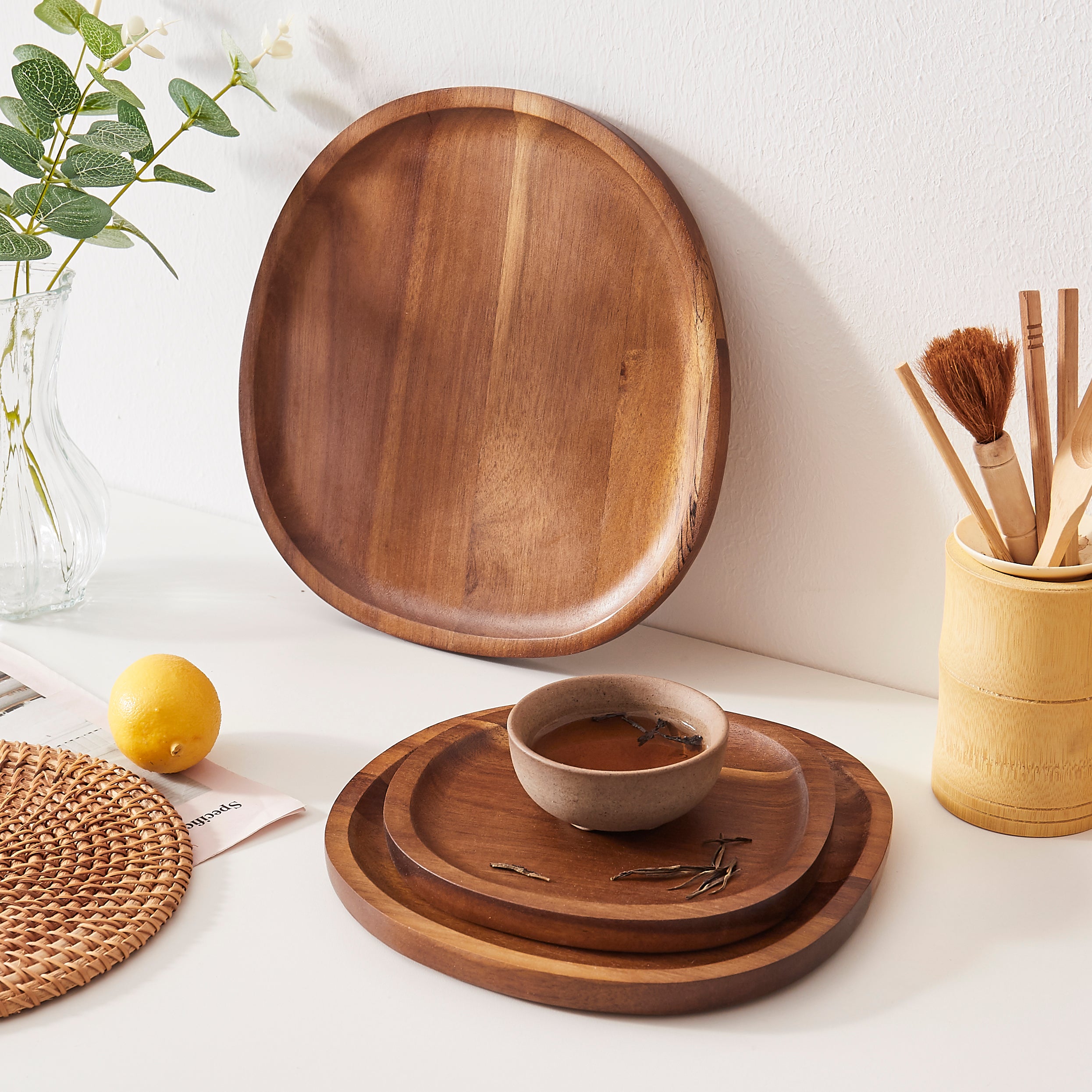 Organic Shape Acacia Wood Tray Set - Set of 3 Different Sizes